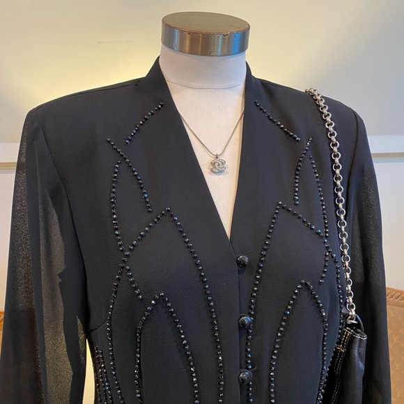 Vintage 1980s Elegant Gothic Black Beaded Women's Top Sheer Bell Sleeves, Size M - Picture 2 of 10